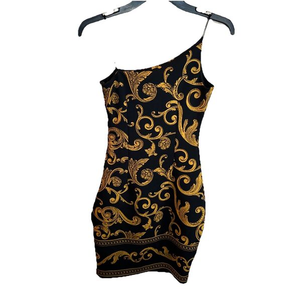 Guess Baroque Italian Black Gold Ponte Mini Party Cocktail XS Asymmetrical Neck - Picture 2 of 7